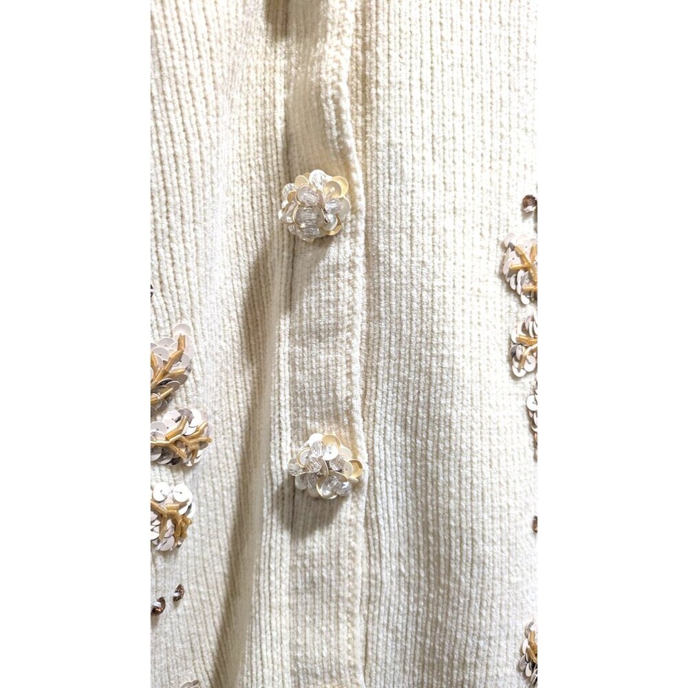 VTG J Two New York Womens Cardigan XXL Cream Faux Fur Collar Sequins Snowflakes - Picture 6 of 13